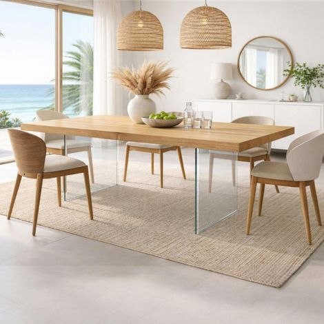 Table extensible bois huilé bords droits pieds verre 180 cm PALERME