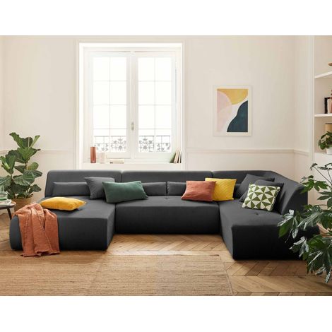 Lisa Design – Canapé panoramique modulable angle droit 7 places – Revêtement velours côtelé gris foncé – Dimensions 334x198cm – Fabrication européenne