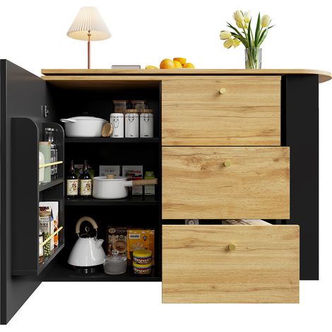 Table de bar extensible avec rangement intégré, îlot central de cuisine pivotant à 360°, 138-204x39x104cm, Noir (1/5)