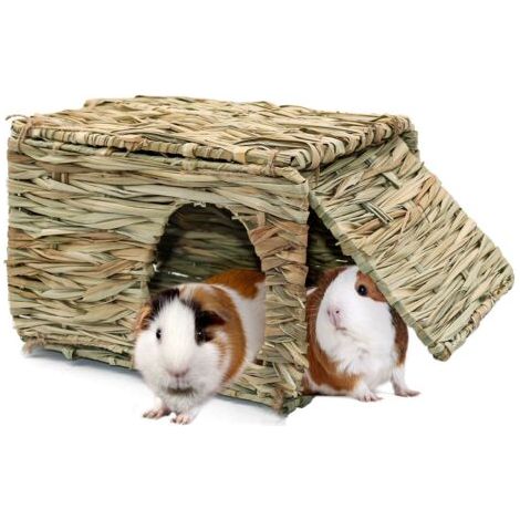 Grande maison en herbe pour cochons d'Inde, cabane en paille tissée à la main, pliable, pour petit animal de compagnie avec double ouverture, cabane pour lapin, cochon d'Inde, chinchilla, furet (1/5)