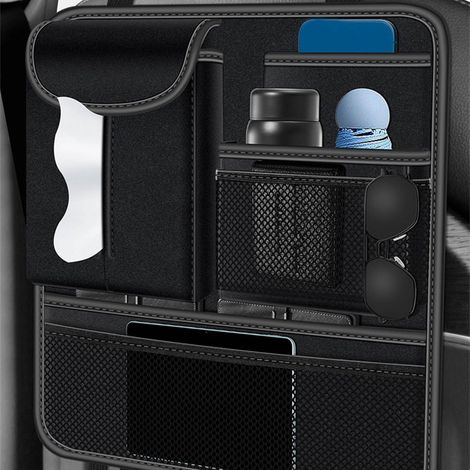 Sacoche de rangement dossier de siège auto, organiseur multifonction suspendu, pochettes pour téléphone, portefeuille, lunettes, boîte de mouchoirs, noir. (1/5)