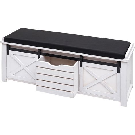 Banco con compartimentos de almacenaje HHG-596, banco tapizado asiento cajonera, aspecto shabby madera maciza metal tela 43x102x33cm, blanco