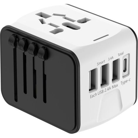 (Grau) Universeller Reiseadapter – Weiß – 3 USB-Anschlüsse – 1 USB-C-Anschluss – 1500 W – Kompakt und praktisch