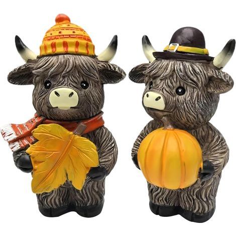 Statues de Vache des Highlands sur Le Thème de l'Automne,Décor Charmant De Récolte Automnale avec Bovins des Highlands Statues Vaches Rustiques Décor Maison Automne pour Bureau Étagère (1/5)
