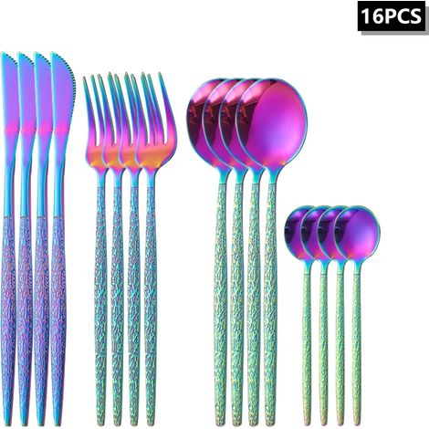 Ensemble de couverts en acier inoxydable coloré (16 pièces) avec manches fissurés (1/2)