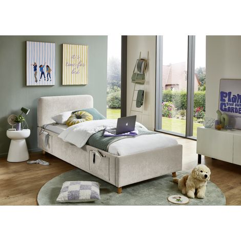 Meise Möbel Jugendbett Cosy 90x200 cm Bettgestell USB 4 Betttaschen Strukturstoff Beige Holzfuß eichefarbig (1/5)
