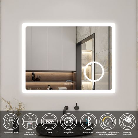 Biubiubath 1200x700mm Bluetooth Bathroom LED Mirror with Dimmable 3 Lights+Magnifier+Digital Clock (1/5)