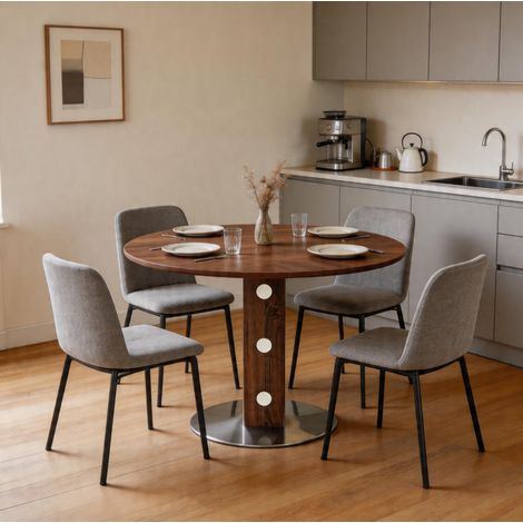 Tavolo da pranzo rotondo Ø 100 cm in MDF noce, piano pieghevole e base in metallo (1/5)