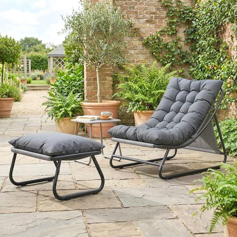 Fauteuil lounge d'extérieur pour balcon avec repose-pieds, coussin épais de 13 cm, pieds antidérapants, gris foncé (1/5)
