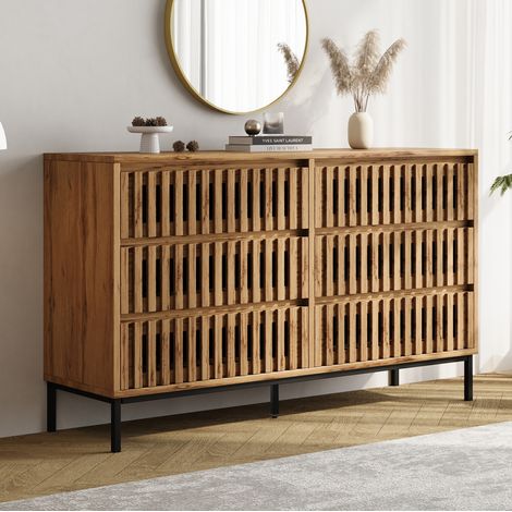 Buffet moderne en bois naturel 120 x 40 x 81 cm avec 6 tiroirs et 5 pieds OKWISH (1/5)