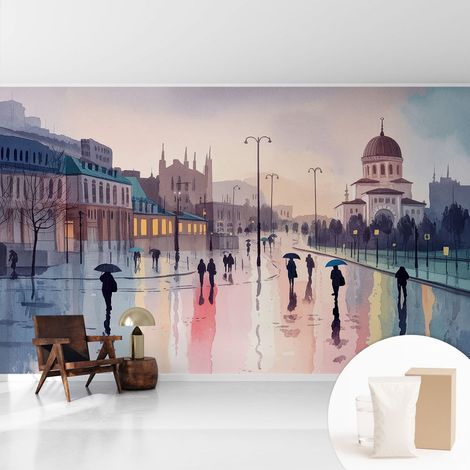 Papier peint intissé décoratif avec colle pour salon chambre et bureau Installation rapide Promenade sous la pluie 416x254 cm (1/5)
