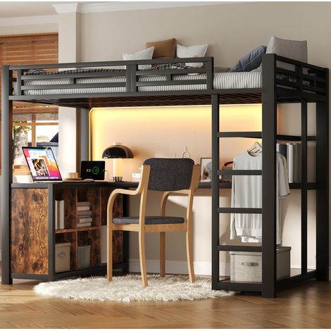 Metall-Hochbett 140x200 cm schwarz aus MDF und Metall mit Schreibtisch, LED-Beleuchtung und Stauraum (1/5)