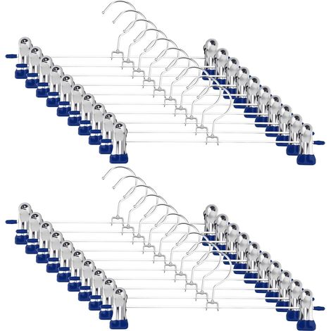 Juego de 20 perchas metálicas para pantalones, de aproximadamente 30 cm de largo, con 2 pinzas extraíbles, gancho giratorio de 360°, aptas para pantalones y faldas, color azul.