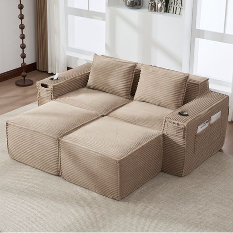 Divano modulare 2 posti in velluto a coste, 2 pouf, portabicchieri e tasche, kaki (1/5)