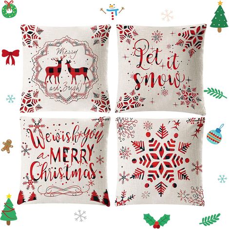 Cojines navideños, juego de 4 fundas de almohada de lino, fundas de almohada navideñas con estampado de renos y copos de nieve, fundas de almohada navideñas decorativas
