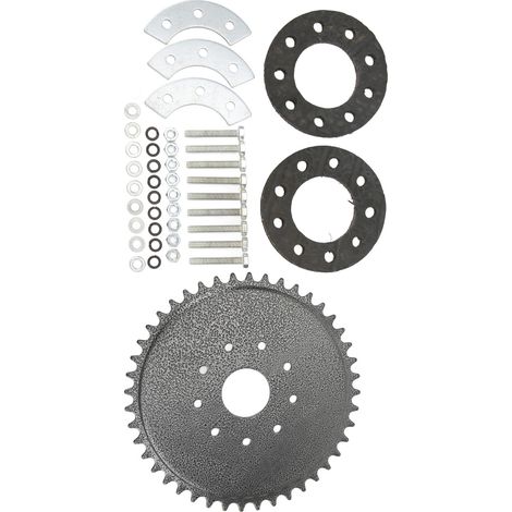 Pignon 44 dents avec kit de montage 9 trous pour une transmission optimisée des moteurs essence 50cc, 66cc et 80cc. (1/5)