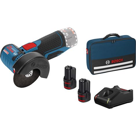 BOSCH GWS 12V-76 Winkelschleifer 12V - 2 Li-Ion 2Ah Akkus + Ladeger√§t - Transporttasche + inkl. Scheiben - 06019F200C