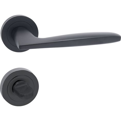 domino Türgriff Drückergarnitur WC - Badezimmer Set Rund-Rosette Türbeschlag für Badezimmertüren Set WC - Rosetten-Garnitur Aluminium Schwarz Türdrückergarnitur MIA-R BLACK (1/5)
