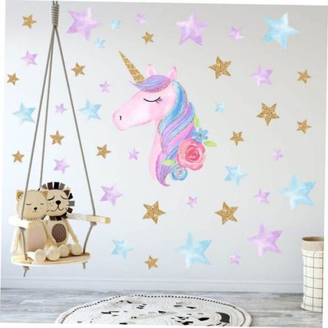1 Sticker mural, Licorne, Étoile, PVC, 36x60 cm, Surface lisse, Chambre enfant (1/4)