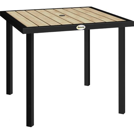 Square Garden Dining Table with 5.4cm Parasol Hole, Slatted Top, Metal Frame, 86 x 86 x 71cm, Brown (1/5)