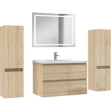Ocean Ensemble de Meuble de salle de Bain 79cm Chêne Haut Brillant avec Miroir LED, 2 colonnes 110 cm (1/5)