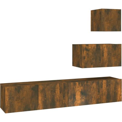 Ensemble de meubles armoire buffet TV télévision salon chambre séjour 4 pièces chêne fumé bois d'ingénierie brun