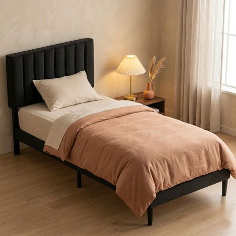 Lit 90x200cm avec Sommier - Tête de Lit Rembourrée Réglable - Velours Noir - Cadre de Lit en Bois et Métal - Supporte Jusqu'à 260kg (1/5)