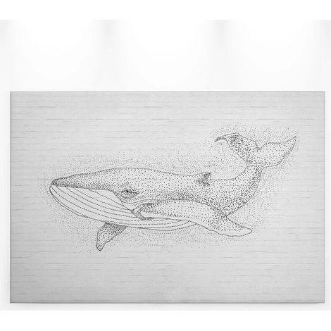 Tableau poisson noir sur fond blanc | Tableau baleine en pointillés sur fond mur en pierre blanc | Tableau sur toile moderne noir & blanc - 0,9 x 0,6 m (1/5)