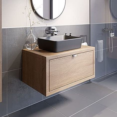 Bathroom Oak Wall Hung Vanity Unit and Basin Sink Cabinet Storage 800mm with 480mm Rectangular Black Basin (1/5)