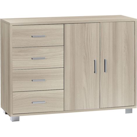 Meuble 2 portes, 4 tiroirs, 116 cm (L) x 41 cm (P) x 86 cm (H), finition orme clair, Sarmog (1/4)