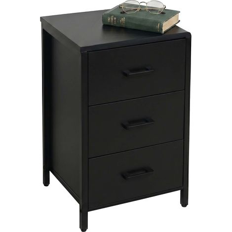 Relaxdays Nachttisch, 3 Schubladen, Metallrahmen, HxBxT: 60 x 40 x 40 cm, Schlafzimmer, eckiger Nachtschrank, schwarz