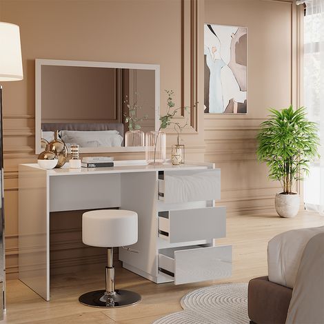 Coiffeuse Marla, Blanc Haute brillance, 120cm avec tabouret, Vicco