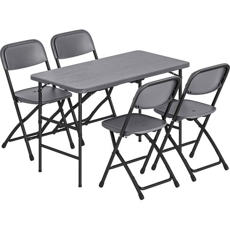 Set Tavolo Regolabile 118x60x74 cm e 4 Sedie da Giardino Pieghevoli in HDPE Effetto Legno Grigio Scuro (1/5)