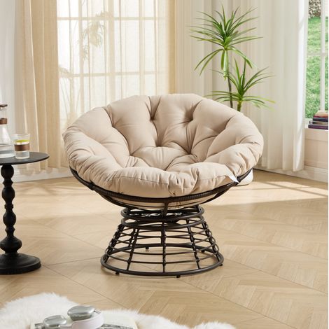 Poltrona papasan girevole 360° in rattan PE, Ø 92 x H 67 cm, cuscino beige HAVRYA (1/5)