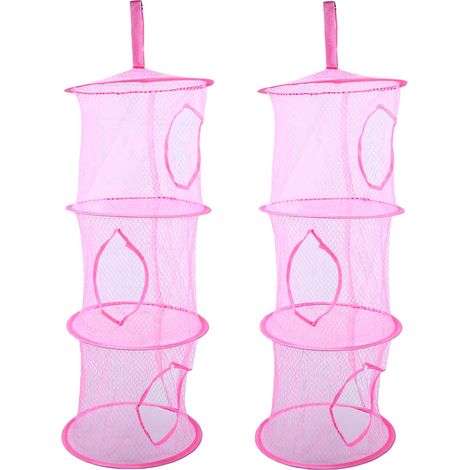 Lot de 2 organisateurs de rangement pour peluches, 3 compartiments, hamac suspendu pliable en filet, rose, idéal pour ranger jouets, gants et chaussettes dans la chambre d'enfant. (1/5)