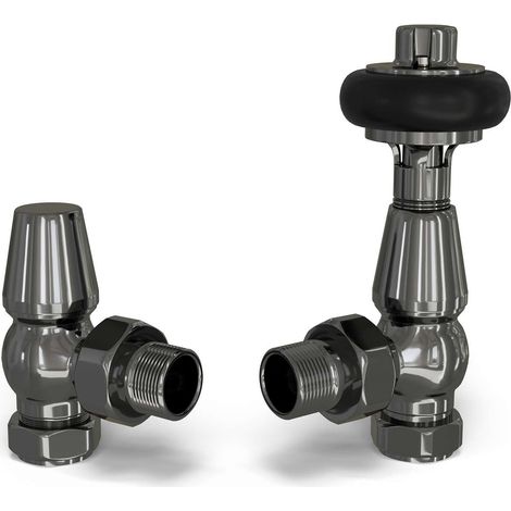 Signature Wooden Head - Black Nickel Thermostatic Radiator Valve & Lockshield Angled 8mm