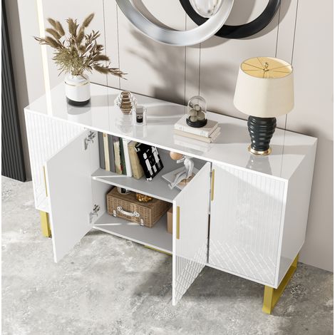 MEUBLIV Buffet 140x40x80 cm blanc brillant – 4 portes, motifs géométriques (1/5)