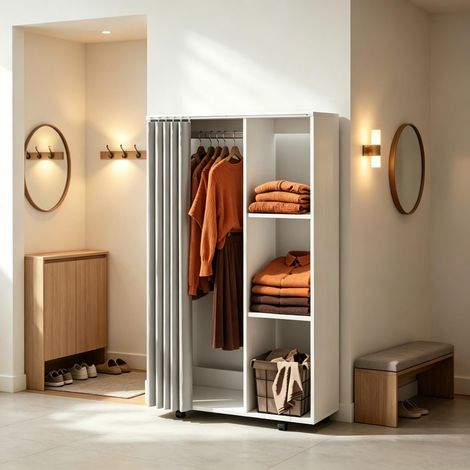 Armoire avec rideau 3 compartiments tringle intégrée roulettes pivotantes panneaux particules mélamine dimensions 80x40x128cm charge max 68,1kg rangement vêtements (1/5)