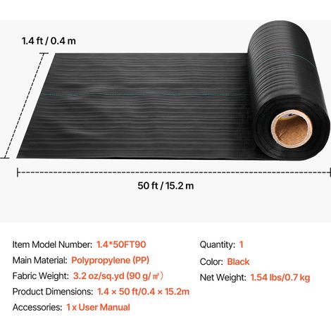 VEVOR Weed Barrier Fabric Heavy Duty, 1.4x50FT 3.2oz Landscape Fabric, Woven Weed Blocker Fabrics, Garden Fabrics Weeds Barrier, Weeds Control Ground Cover, Geotextile Webbing, Gardening Mat, Black (1/4)