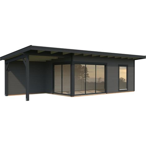 Abri de jardin en bois 25m² – Épicéa massif 44mm – Terrasse coulissante 7,9m² – Porte coulissante et grandes fenêtres – Vitrage simple – Palmako (1/5)