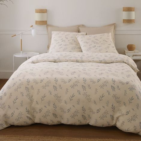 Parure housse de couette 240x220cm + 2 taies motif petites fleurs beige 100% gaze de coton - VEOLIS (1/4)