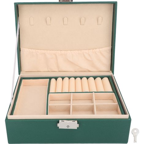 Coffret à Bijoux Double Étage en Cuir PU Souple, Organiseur de Rangement avec Serrure pour Colliers, Bracelets, Boucles d'Oreilles, Vert Foncé (1/5)