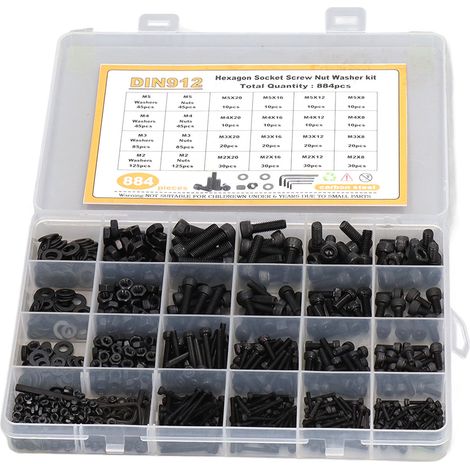 Kit d'assortiment de 884 vis, rondelles et écrous à tête hexagonale creuse en acier au carbone M2 M3 M4 M5 (1/5)
