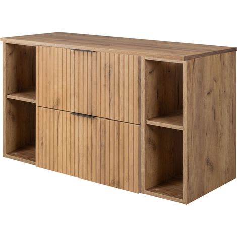 Furnidea - Meuble sous vasque FLOW CHÊNE 100 cm avec 2 x l'étagères - extensions et plan - 2 tiroirs - façades rainurées (1/5)