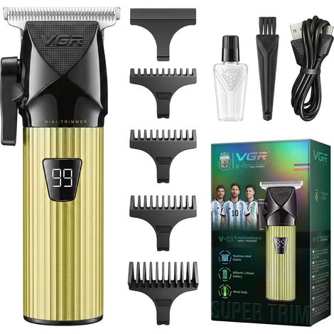 037 Tondeuse De Finition Avec Levier De Réglage Tondeuse Barbe Homme Sans Fil Avec Lame En Acier Inoxydable, Tondeuse De Précision Homme Avec Écran LED et 4 Sabots, Or (1/5)
