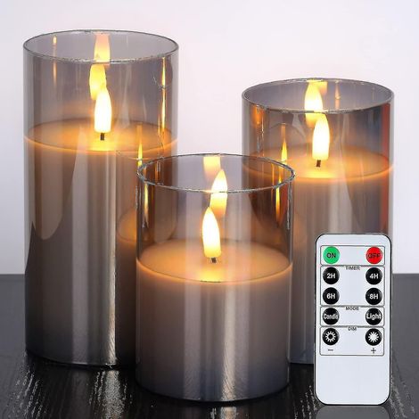 Bougies LED sans flamme en verre, bougies à piles, bougies piliers à piles avec télécommande et minuterie, bougies électriques, cire et verre gris, lot de (1/5)