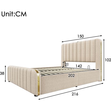 Lit rembourré double 140×200cm lin beige,tête dorée,USB Type-C,hydraulique,capacité 181 kg,lit moderne sans matelas