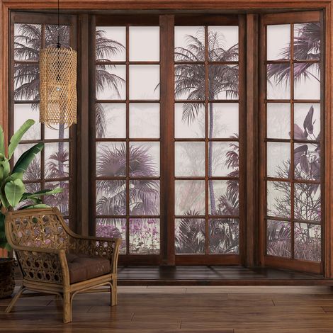Papier peint panoramique Trompe l'oeil Fenêtre en bois - Forêt Tropicale - 130 cm x 104 cm (1/5)