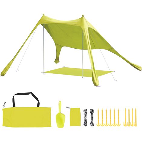 Faltbares Strandzelt mit UPF50+ Isomatte, Aluminiumstangen, Schaufel, Heringen und grüner Tragetasche, Sonnenschirm