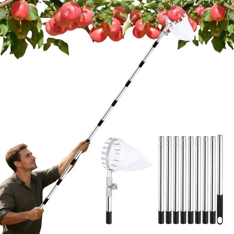 Cueille Fruit Télescopique 4,1 m, Acier Inoxydable Perche Télescopique Amovible, Outil Cueillette Jardin avec Tête Réglable Diamètre 16 cm et Sac en coton pour Cerises Pommes Poires Oranges Pêches (1/5)